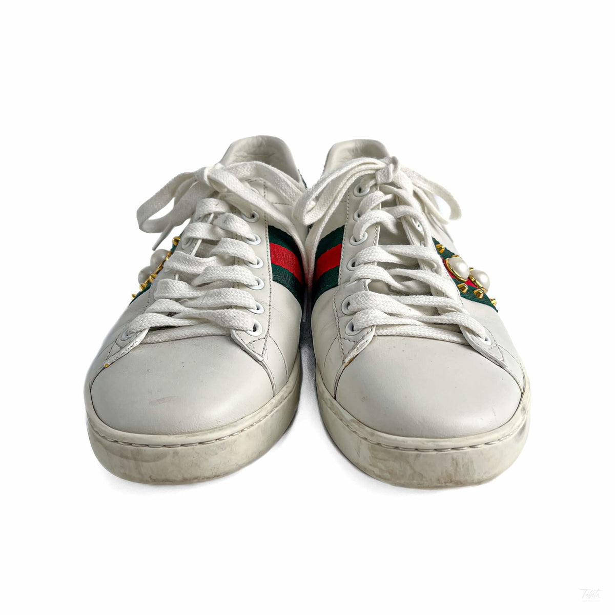 Second hand Gucci Ace Pearls Leather Striped Sneakers 37 White - Tabita Bags