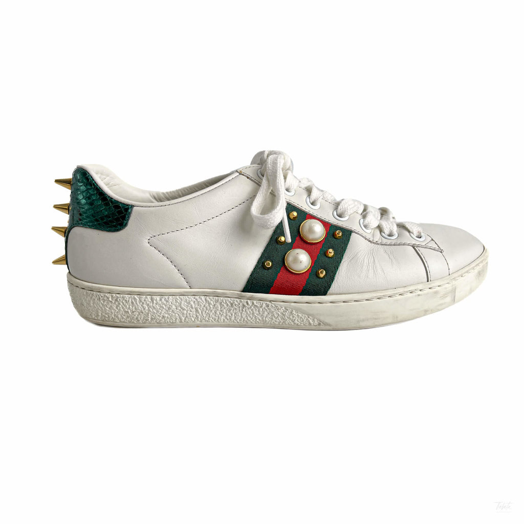 Second hand Gucci Ace Pearls Leather Striped Sneakers 37 White - Tabita Bags