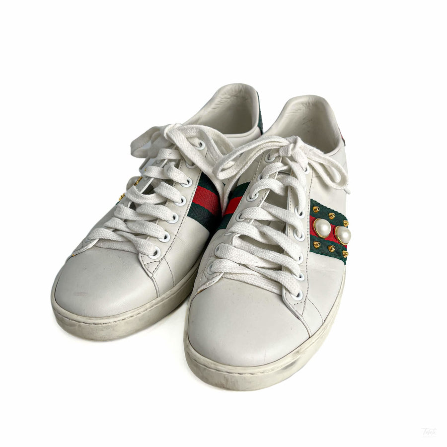 Second hand Gucci Ace Pearls Leather Striped Sneakers 37 White - Tabita Bags