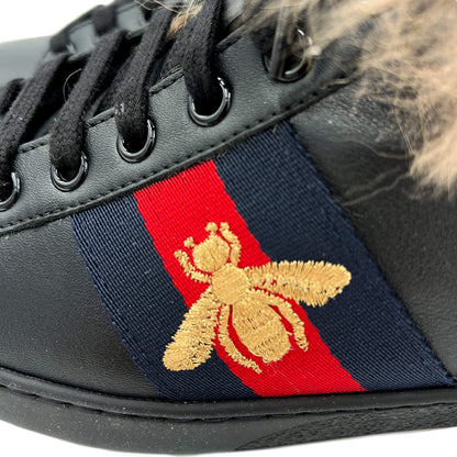 Second hand Gucci Ace Wool Striped Leather Sneakers Embroidered Bee Black - Tabita Bags