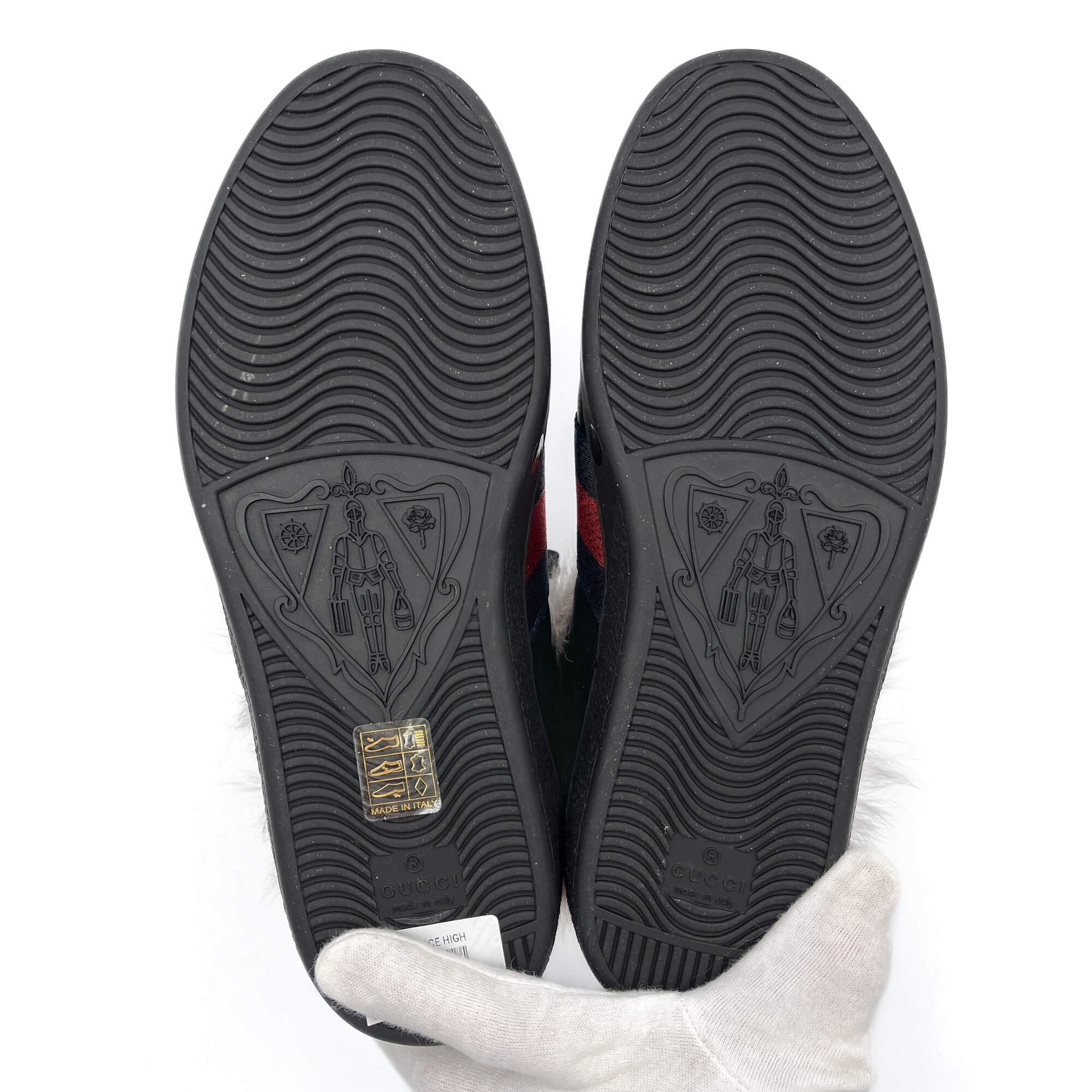 Second hand Gucci Ace Wool Striped Leather Sneakers Embroidered Bee Black - Tabita Bags