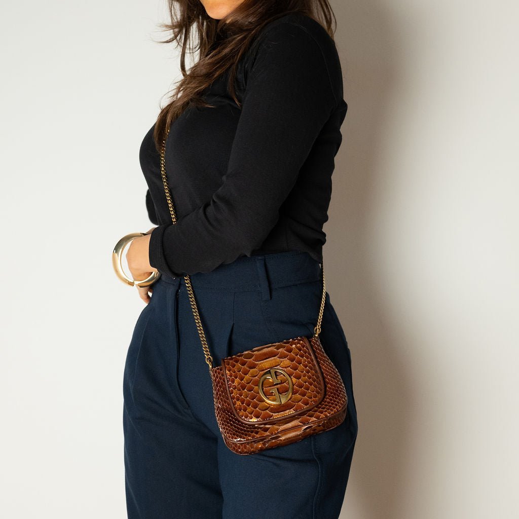 Second hand Gucci Blondie Mini Exotic Leather Flap Crossbody Beige x brown - Tabita Bags