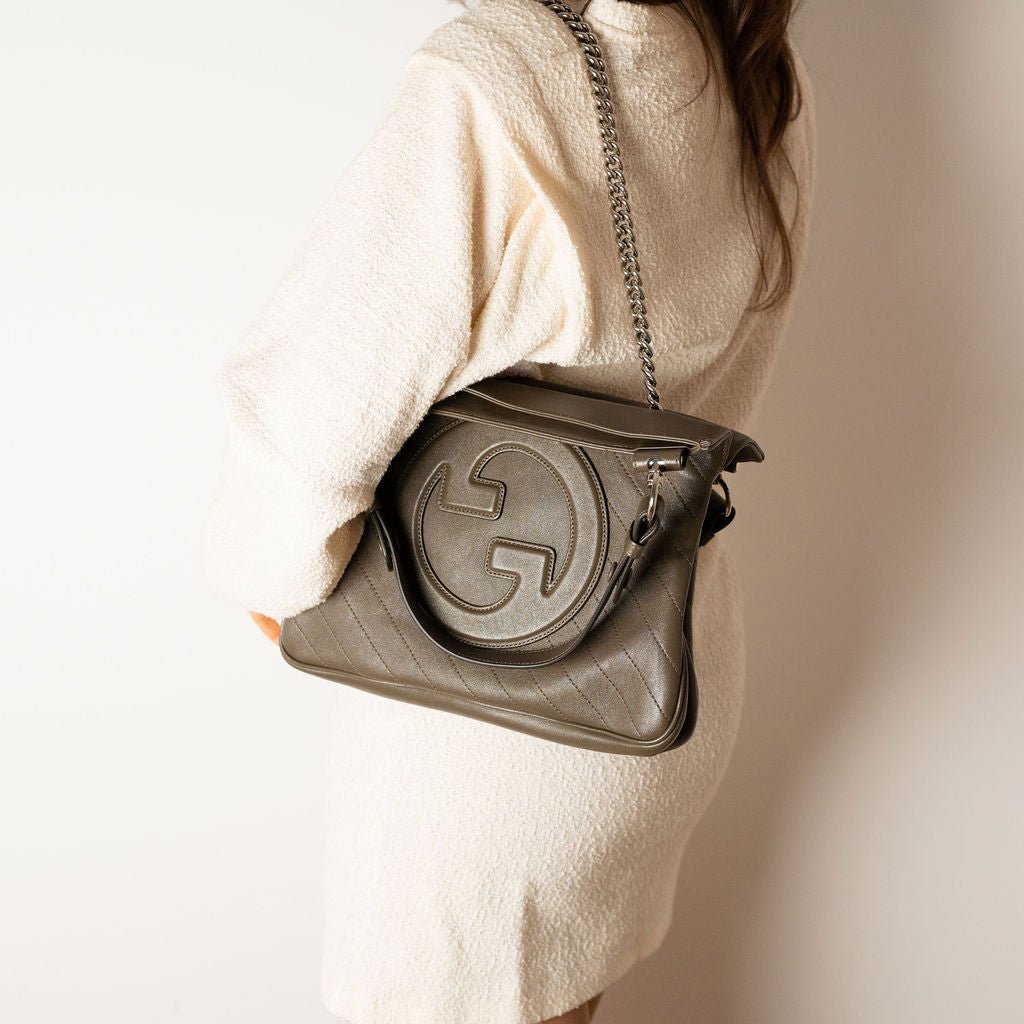 Second hand Gucci Blondie Small Leather Hobo Handbag Taupe - Tabita Bags