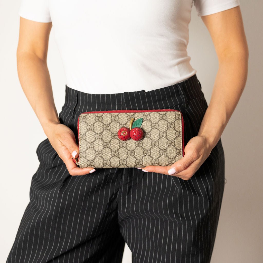 Second hand Gucci Cherry Canvas Long Zip Around Wallet GG Supreme - Tabita Bags
