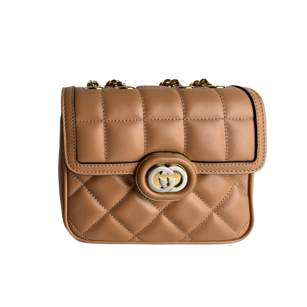 Second hand Gucci Deco Mini Leather Matelassé Flap Crossbody Dark Beige - Tabita Bags