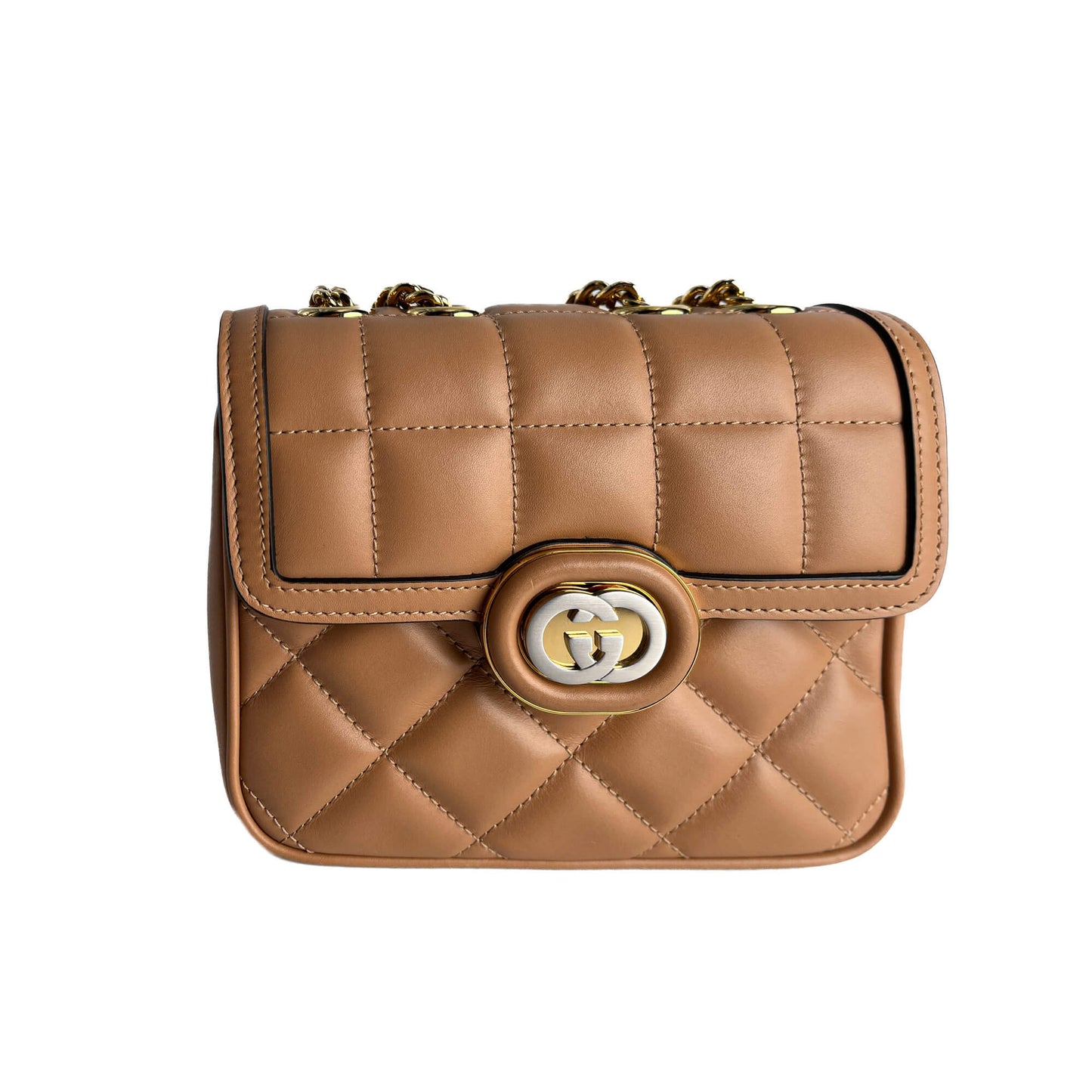 Second hand Gucci Deco Mini Leather Matelassé Flap Crossbody Dark Beige - Tabita Bags