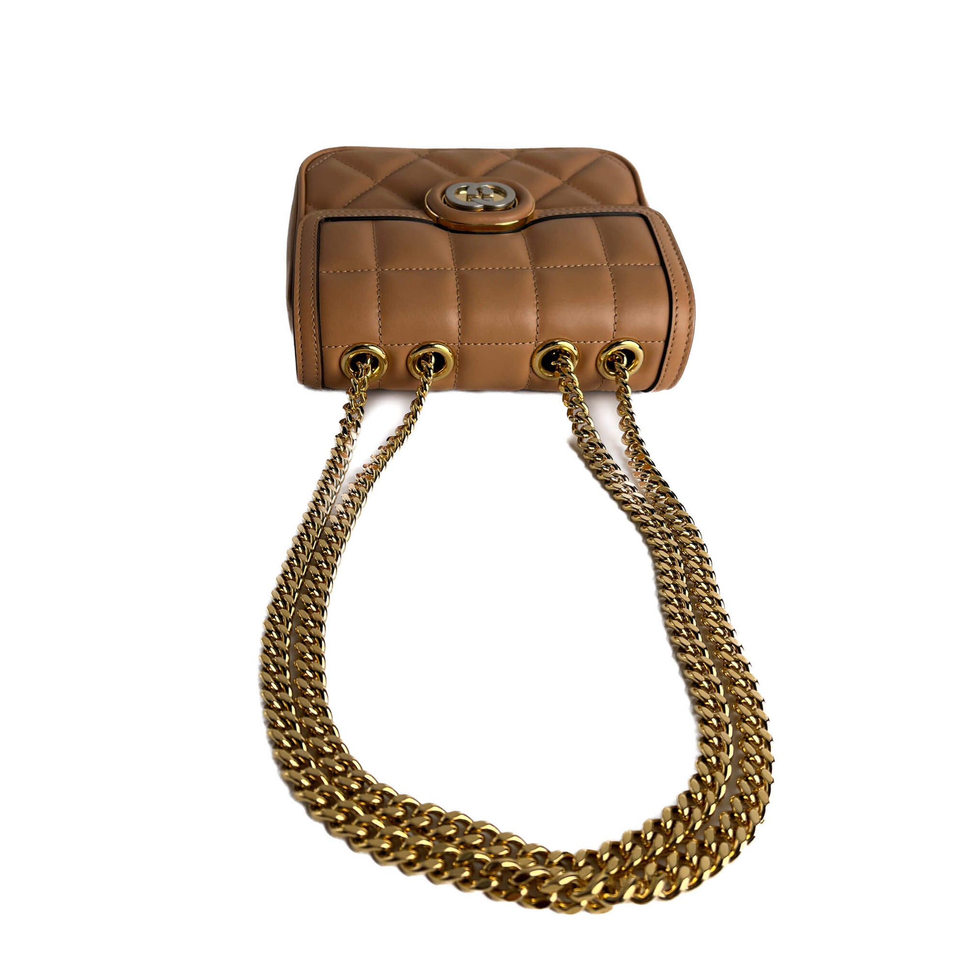 Second hand Gucci Deco Mini Leather Matelassé Flap Crossbody Dark Beige - Tabita Bags