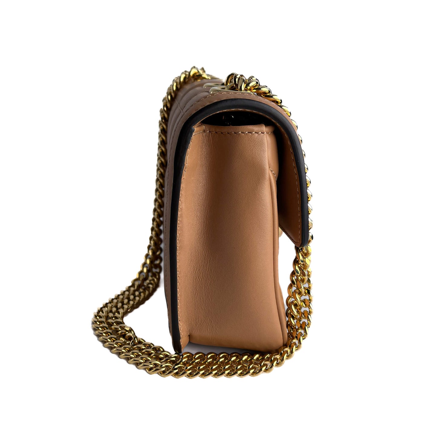 Second hand Gucci Deco Mini Leather Matelassé Flap Crossbody Dark Beige - Tabita Bags