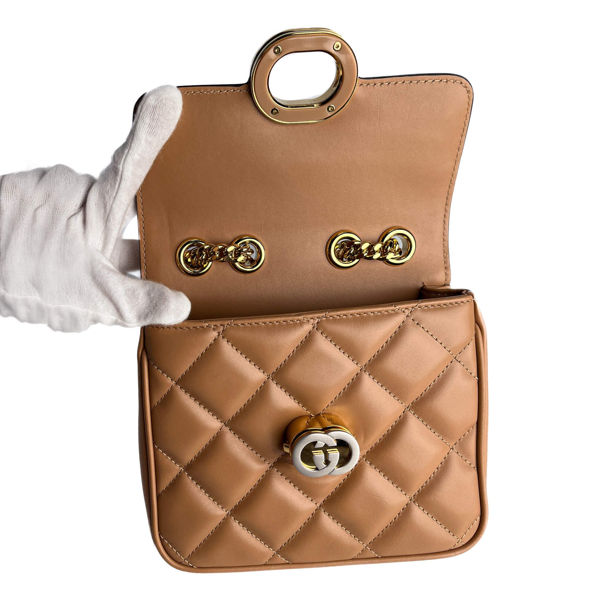 Second hand Gucci Deco Mini Leather Matelassé Flap Crossbody Dark Beige - Tabita Bags