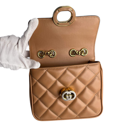 Second hand Gucci Deco Mini Leather Matelassé Flap Crossbody Dark Beige - Tabita Bags