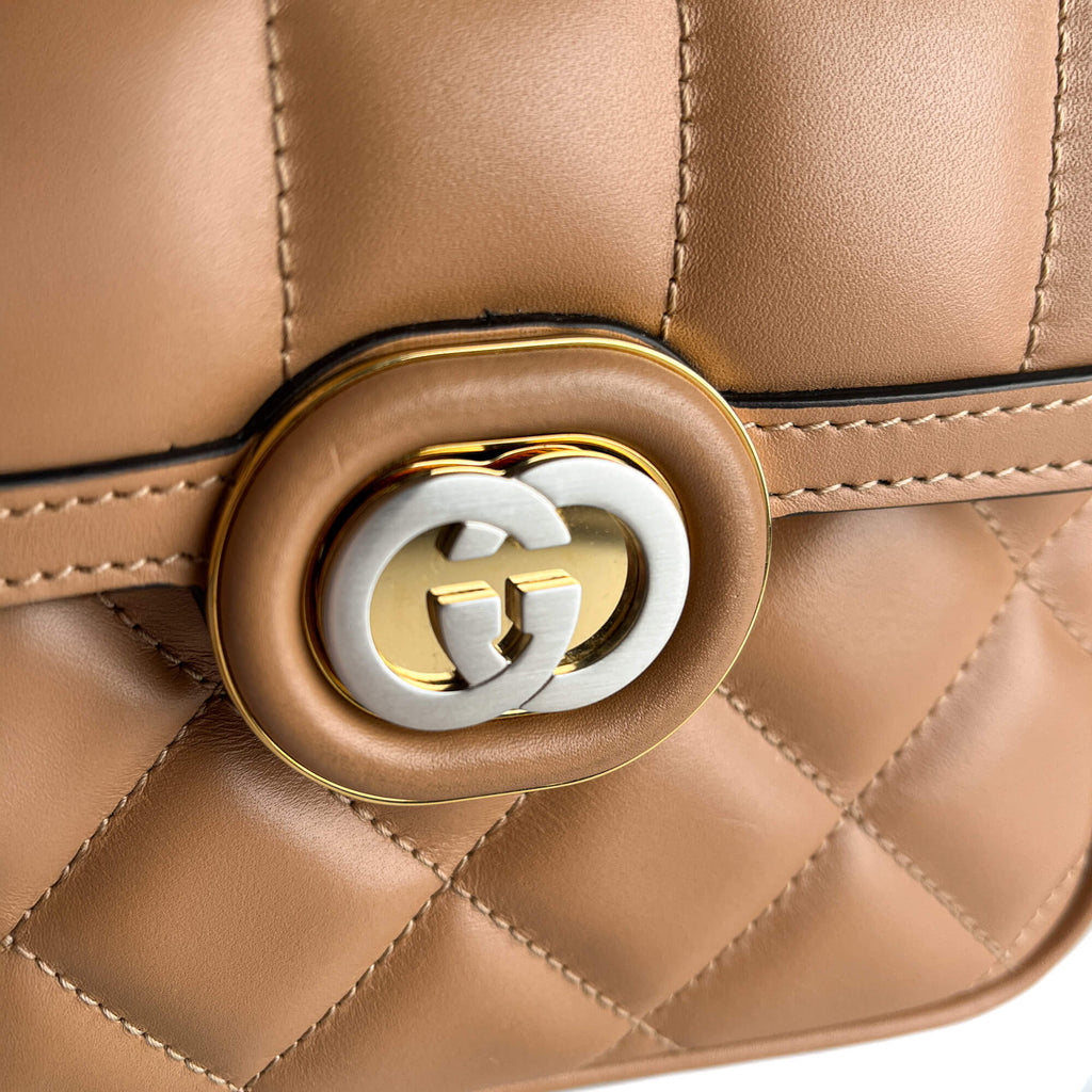 Second hand Gucci Deco Mini Leather Matelassé Flap Crossbody Dark Beige - Tabita Bags