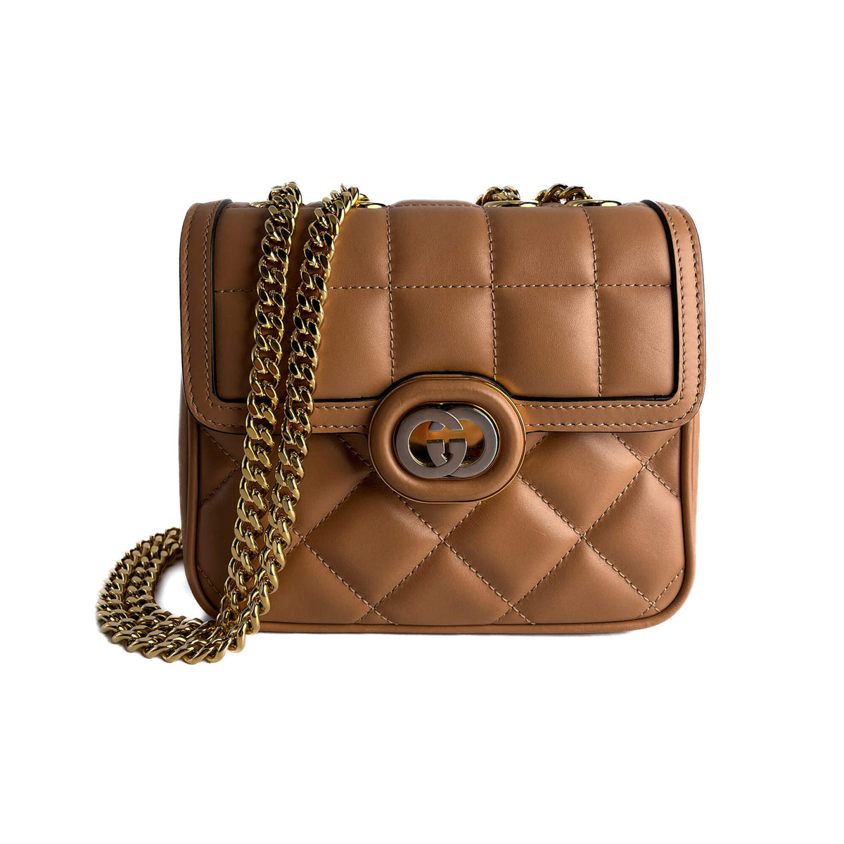 Second hand Gucci Deco Mini Leather Matelassé Flap Crossbody Dark Beige - Tabita Bags