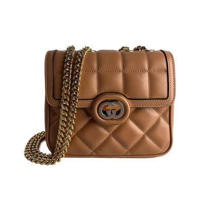 Second hand Gucci Deco Mini Leather Matelassé Flap Crossbody Dark Beige - Tabita Bags