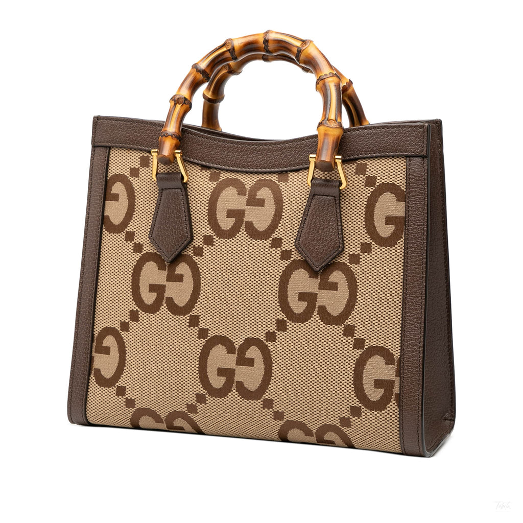 Second hand Gucci Diana Medium Canvas Jumbo GG Tote Handbag Brown - Tabita Bags