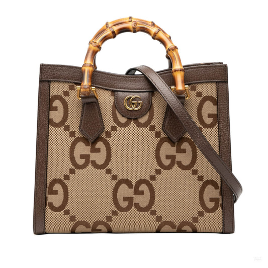 Second hand Gucci Diana Medium Canvas Jumbo GG Tote Handbag Brown - Tabita Bags
