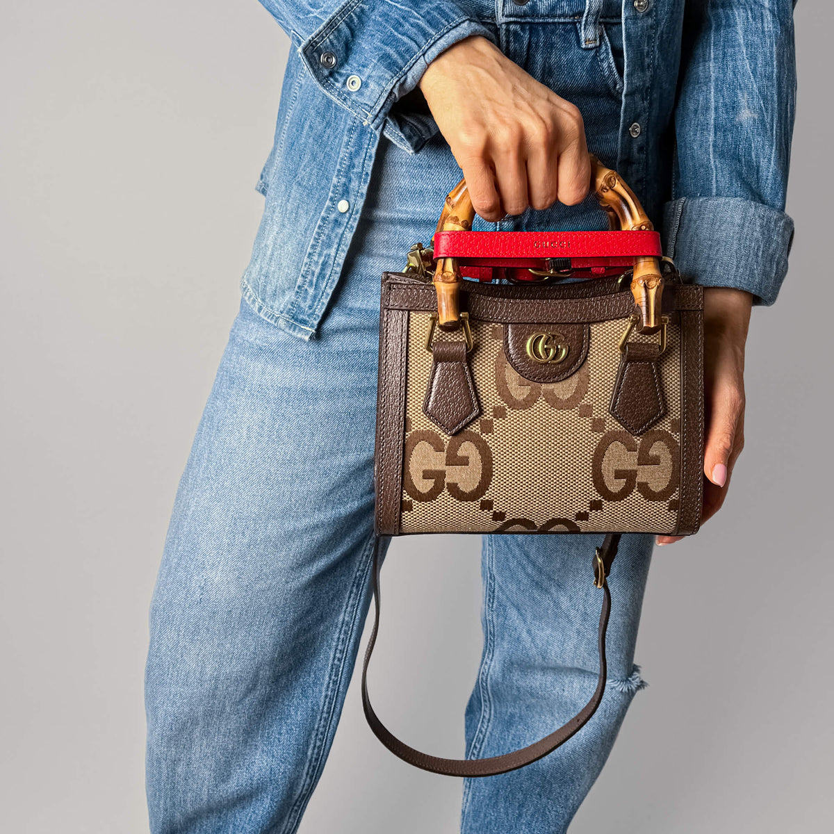Second hand Gucci Diana Mini Jumbo GG Canvas 2 - Ways Tote Handbag Brown - Tabita Bags