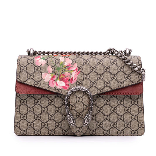 Second hand Gucci Dionysus Medium Canvas Blooms GG Flap Handbag Brown - Tabita Bags