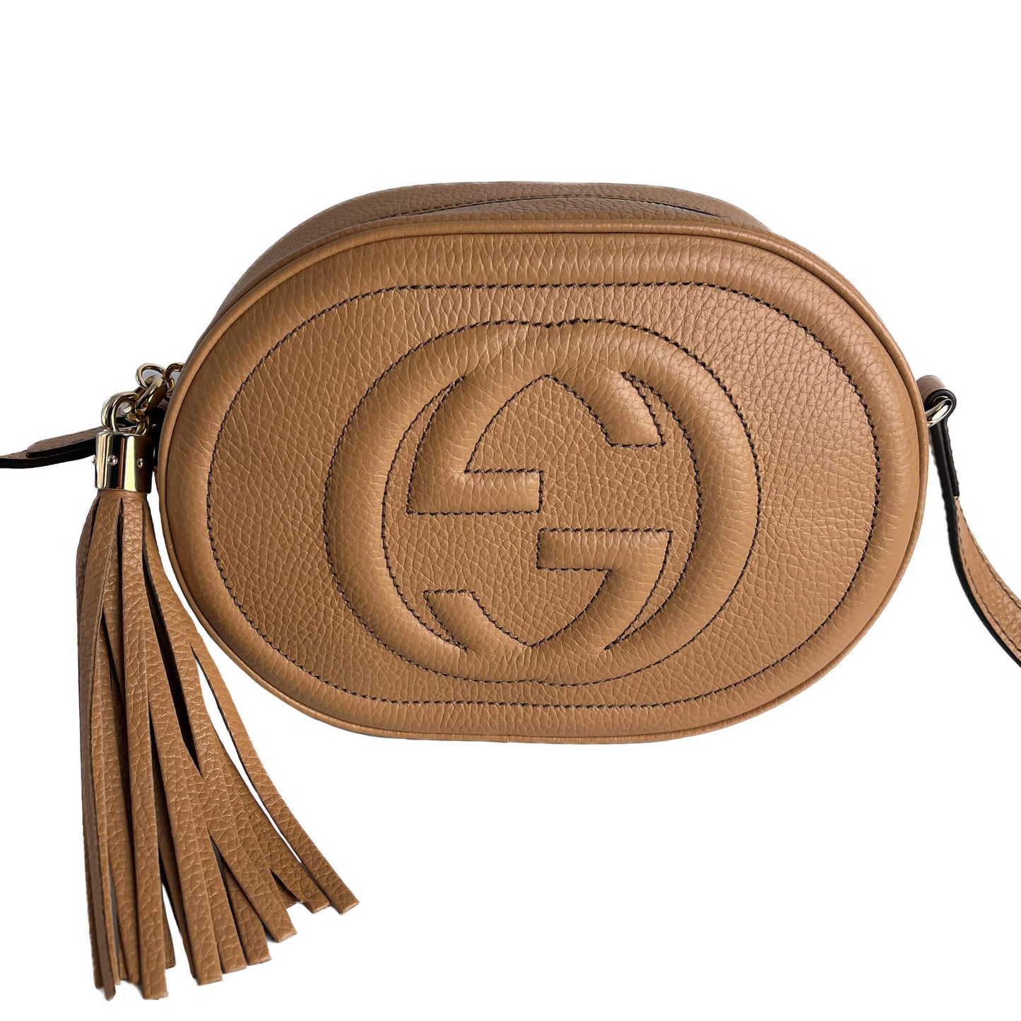 Second hand Gucci Disco Soho Leather Oval Camera Crossbody Dark Beige - Tabita Bags