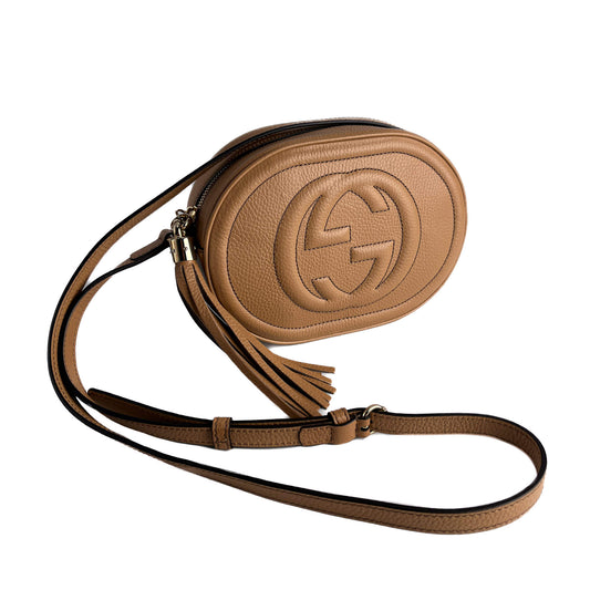 Second hand Gucci Disco Soho Leather Oval Camera Crossbody Dark Beige - Tabita Bags