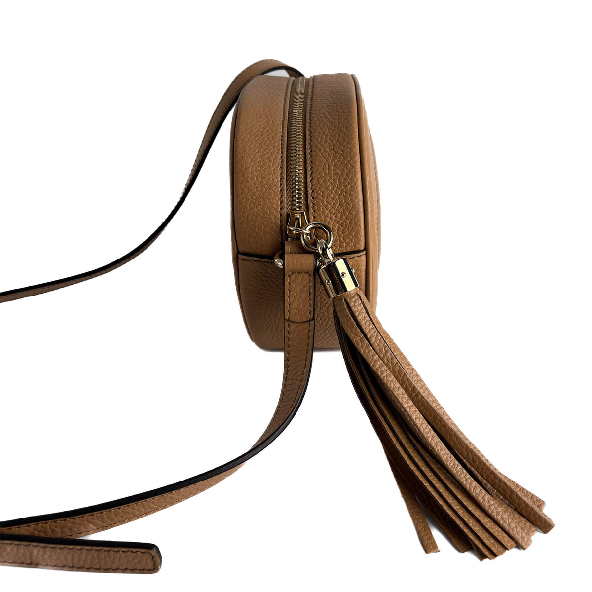 Second hand Gucci Disco Soho Leather Oval Camera Crossbody Dark Beige - Tabita Bags
