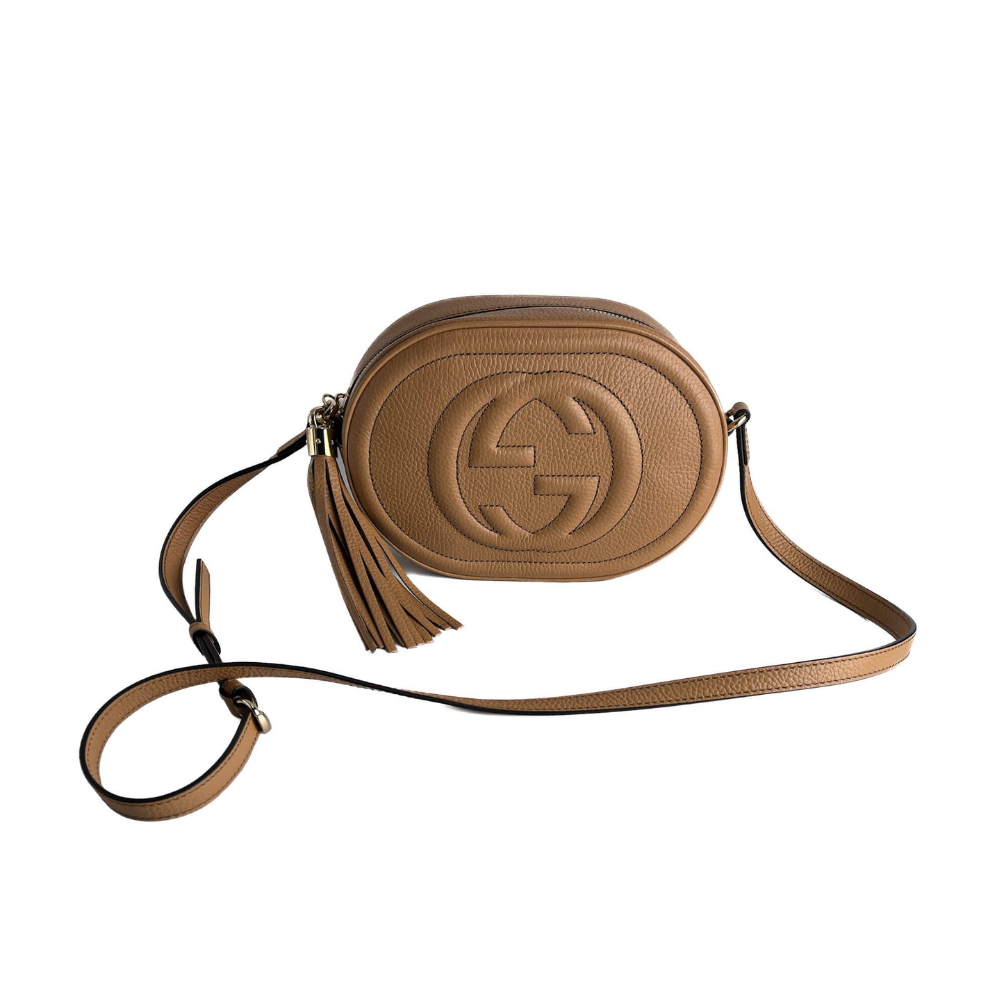 Second hand Gucci Disco Soho Leather Oval Camera Crossbody Dark Beige - Tabita Bags