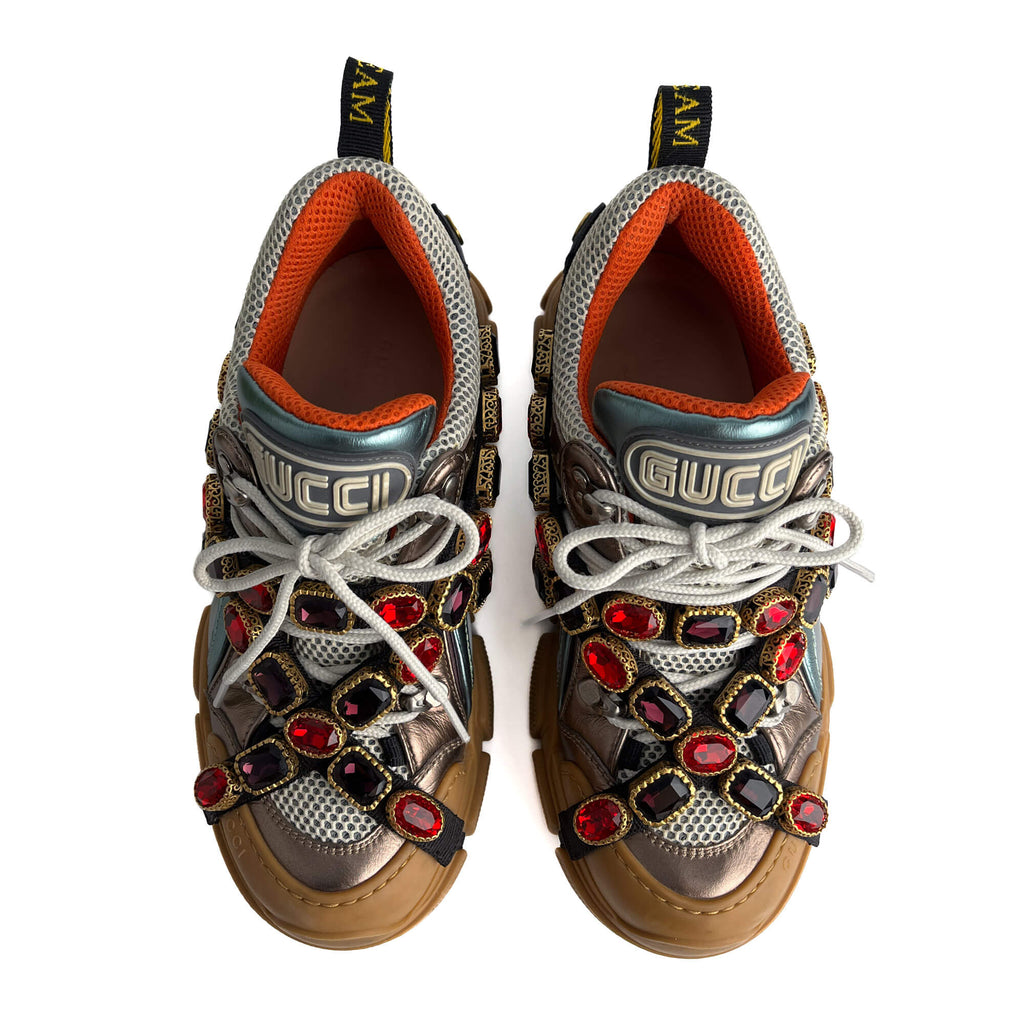 Second hand Gucci Flashtrek Crystal Metalic Leather Sneakers 38 Multicolor - Tabita Bags