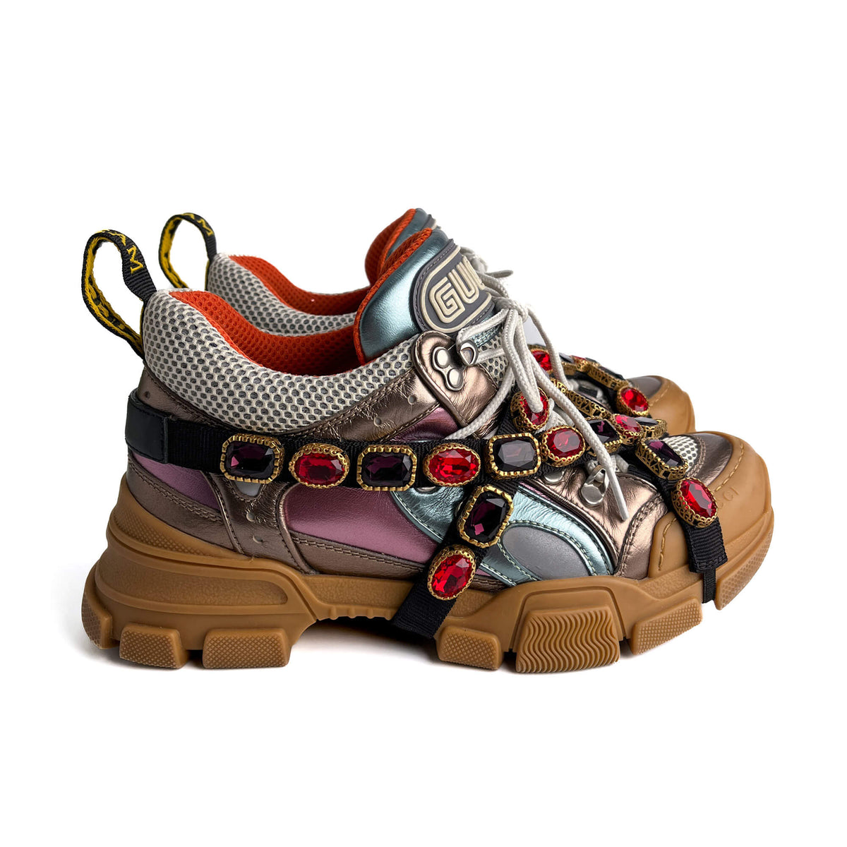 Second hand Gucci Flashtrek Crystal Metalic Leather Sneakers 38 Multicolor - Tabita Bags