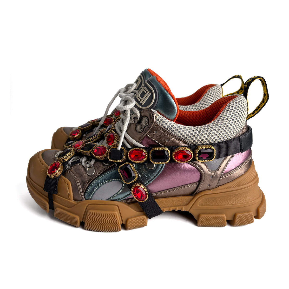 Second hand Gucci Flashtrek Crystal Metalic Leather Sneakers 38 Multicolor - Tabita Bags