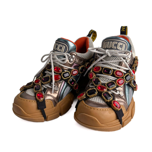 Second hand Gucci Flashtrek Crystal Metalic Leather Sneakers 38 Multicolor - Tabita Bags