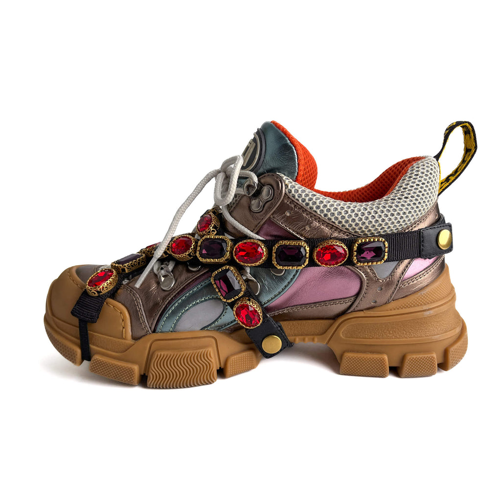 Second hand Gucci Flashtrek Crystal Metalic Leather Sneakers 38 Multicolor - Tabita Bags