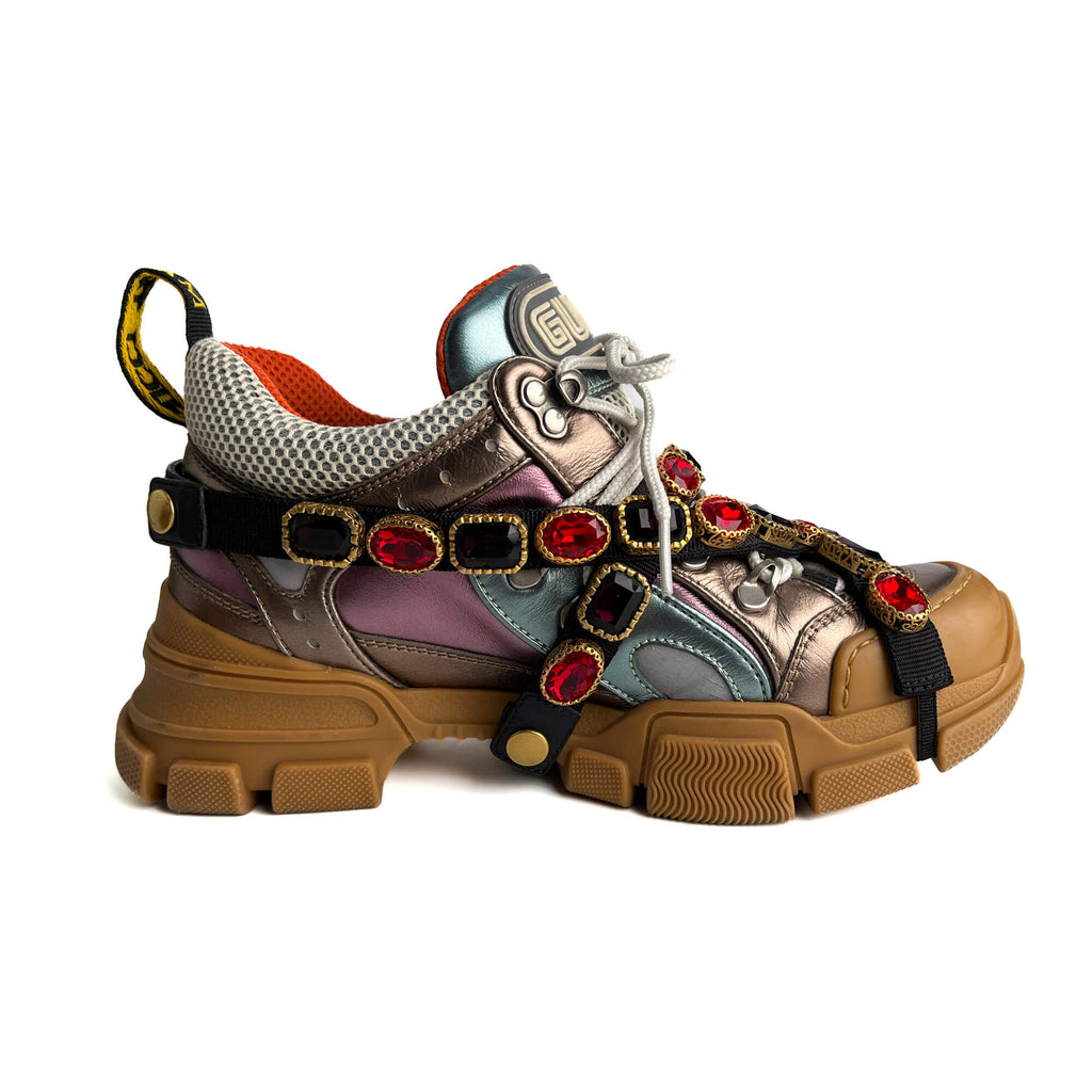 Second hand Gucci Flashtrek Crystal Metalic Leather Sneakers 38 Multicolor - Tabita Bags