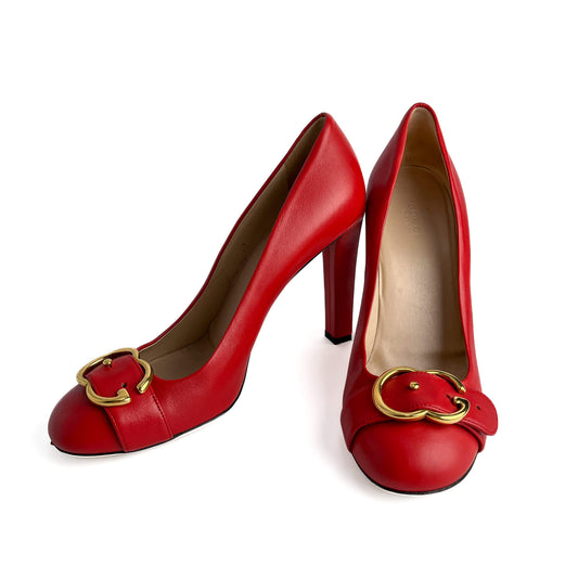Second hand Gucci GG Buckle Leather Pump 39.5 Cherry Red - Tabita Bags