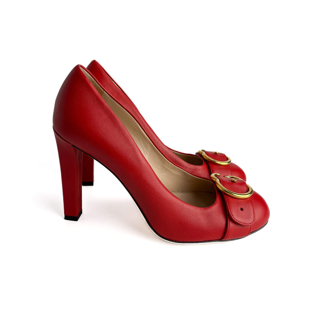 Second hand Gucci GG Buckle Leather Pump 39.5 Cherry Red - Tabita Bags