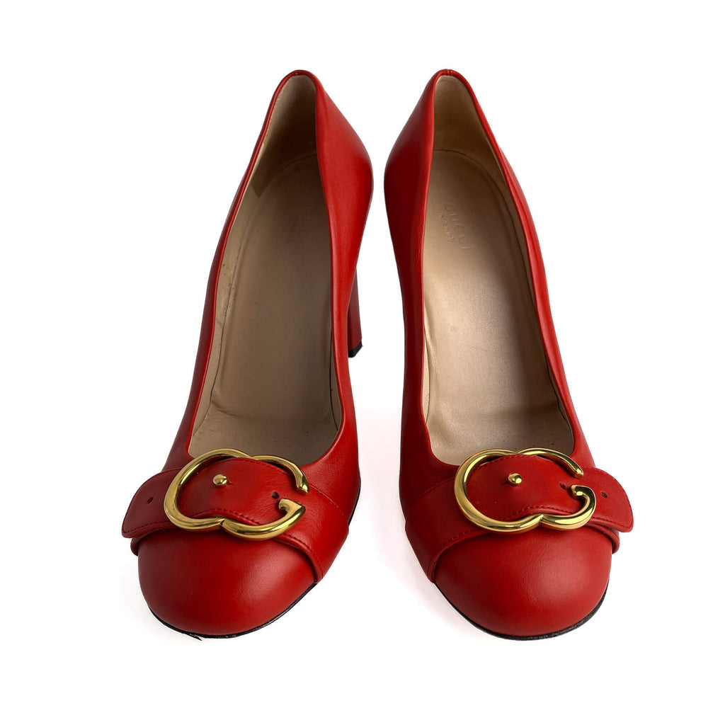 Second hand Gucci GG Buckle Leather Pump 39.5 Cherry Red - Tabita Bags