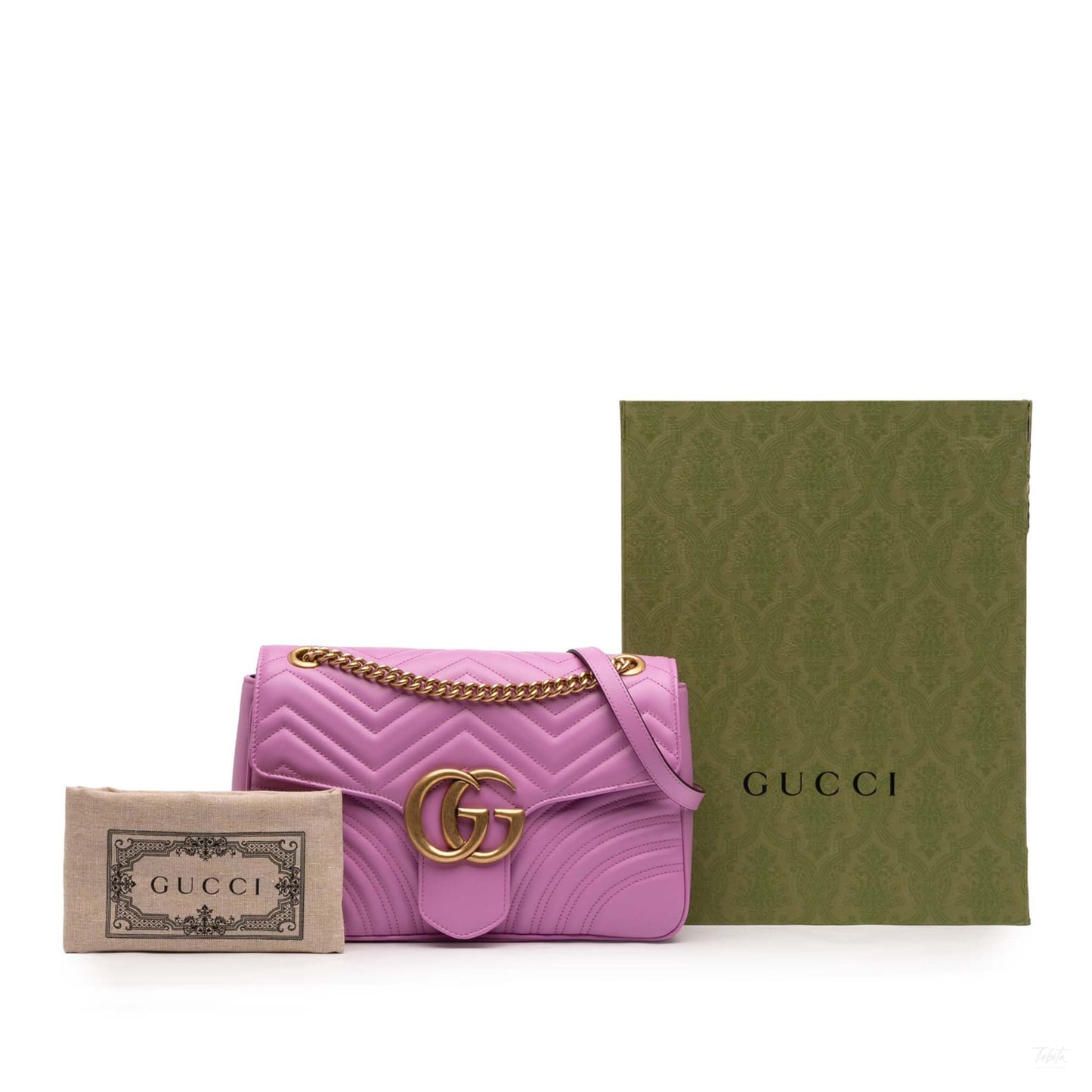 Second hand Gucci GG Marmont Large Leather Chevron Flap Shoulder Bag Pink - Tabita Bags