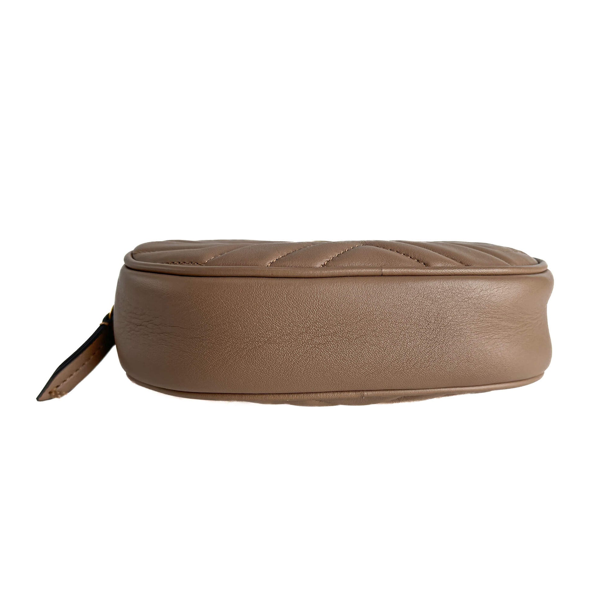 Second hand Gucci GG Marmont Leather Matelassé Camera Belt Bag Dark Beige - Tabita Bags