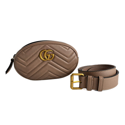 Second hand Gucci GG Marmont Leather Matelassé Camera Belt Bag Dark Beige - Tabita Bags