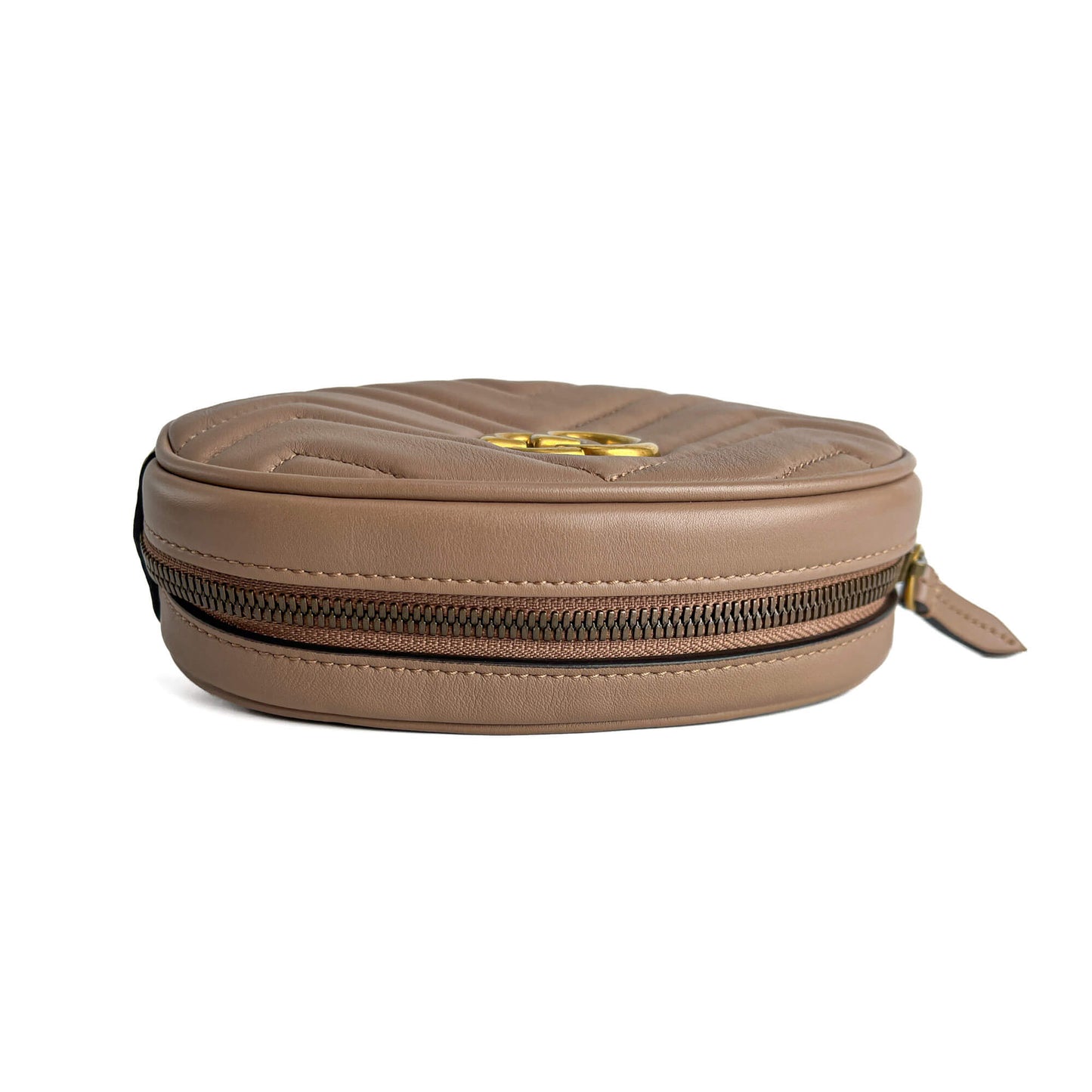 Second hand Gucci GG Marmont Leather Matelassé Camera Belt Bag Dark Beige - Tabita Bags