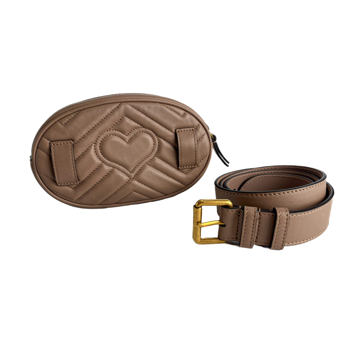 Second hand Gucci GG Marmont Leather Matelassé Camera Belt Bag Dark Beige - Tabita Bags