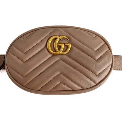 Second hand Gucci GG Marmont Leather Matelassé Camera Belt Bag Dark Beige - Tabita Bags