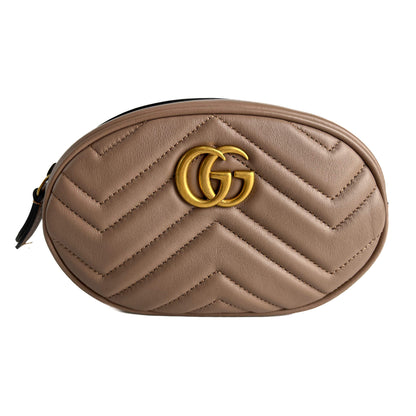 Second hand Gucci GG Marmont Leather Matelassé Camera Belt Bag Dark Beige - Tabita Bags