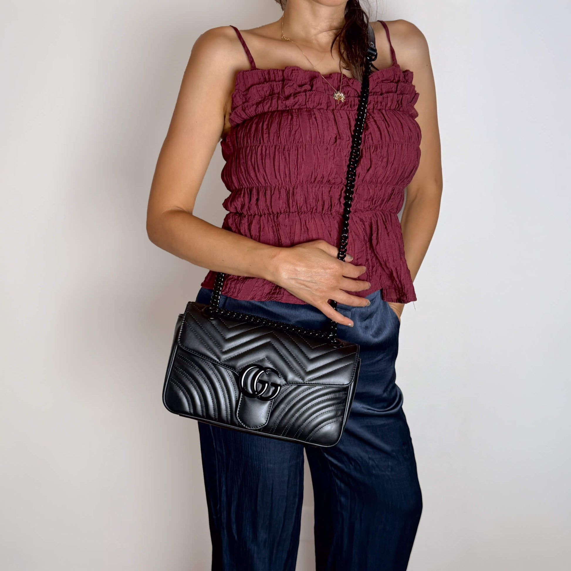 Second hand Gucci GG Marmont Medium Leather Chevron Flap Shoulder Bag Black - Tabita Bags