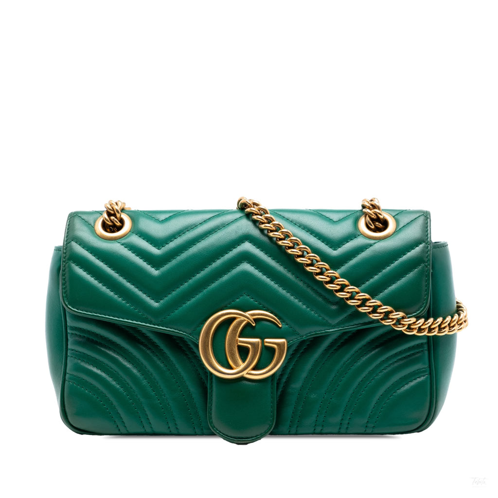 Second hand Gucci GG Marmont Medium Leather Chevron Flap Shoulder Bag Green - Tabita Bags