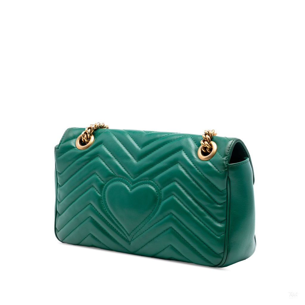 Second hand Gucci GG Marmont Medium Leather Chevron Flap Shoulder Bag Green - Tabita Bags