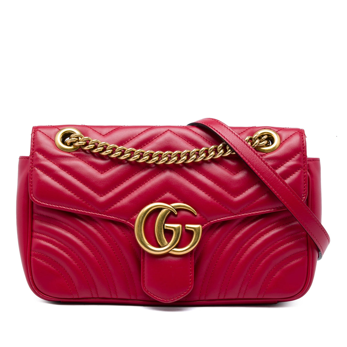 Second hand Gucci GG Marmont Medium Leather Chevron Flap Shoulder Bag Red - Tabita Bags