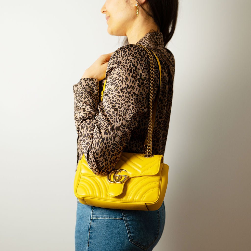 Second hand Gucci GG Marmont Mini Chevron Leather Flap Bag Yellow - Tabita Bags