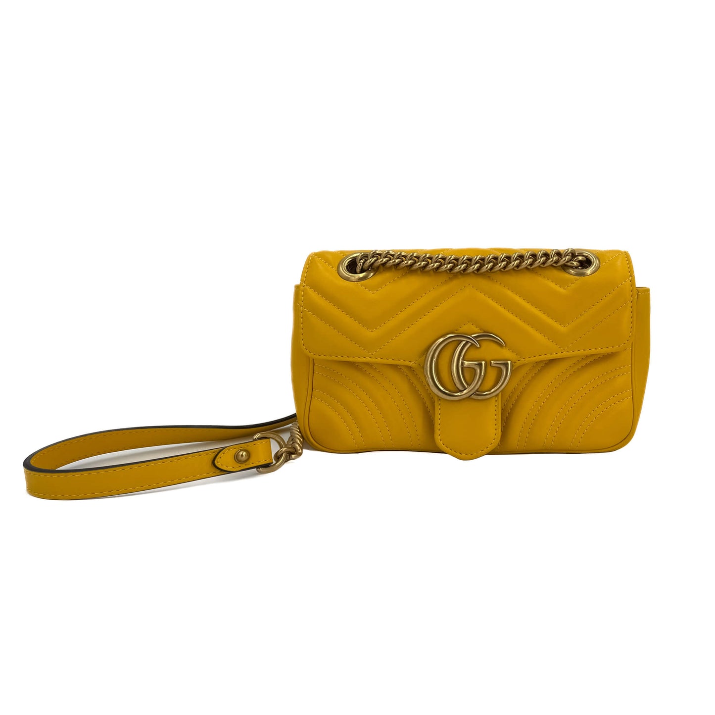 Second hand Gucci GG Marmont Mini Chevron Leather Flap Bag Yellow - Tabita Bags