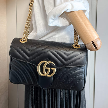 Second hand Gucci GG Marmont Small Chevron Leather Flap Bag Black - Tabita Bags