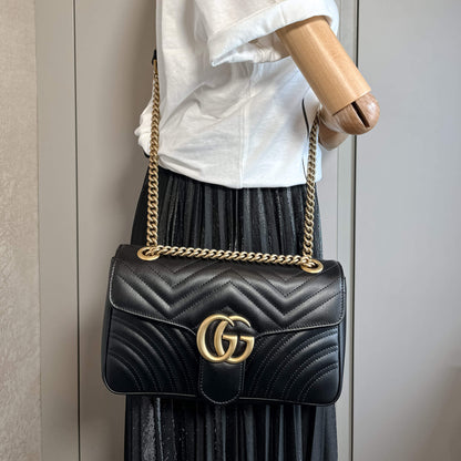 Second hand Gucci GG Marmont Small Chevron Leather Flap Bag Black - Tabita Bags