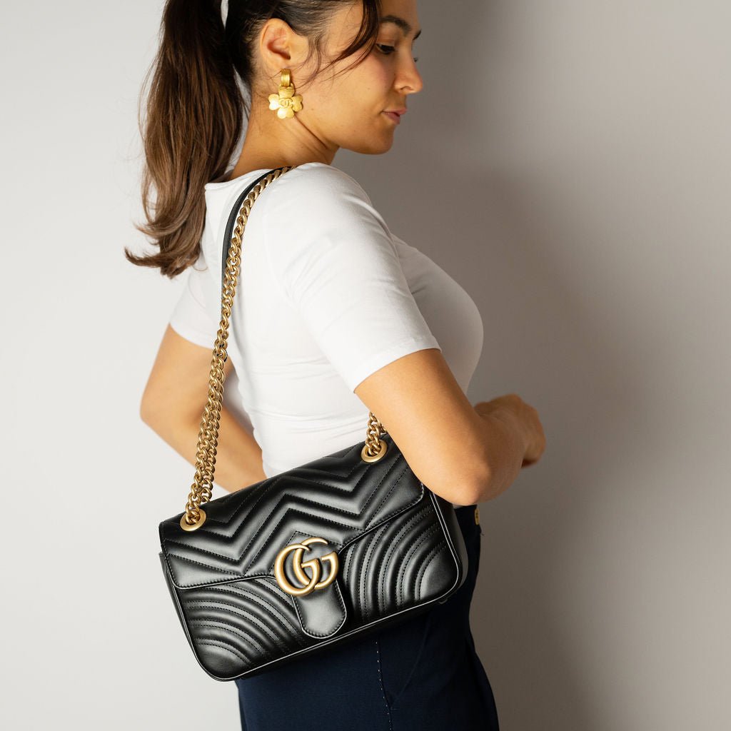 Second hand Gucci GG Marmont Small Chevron Leather Flap Bag Black - Tabita Bags